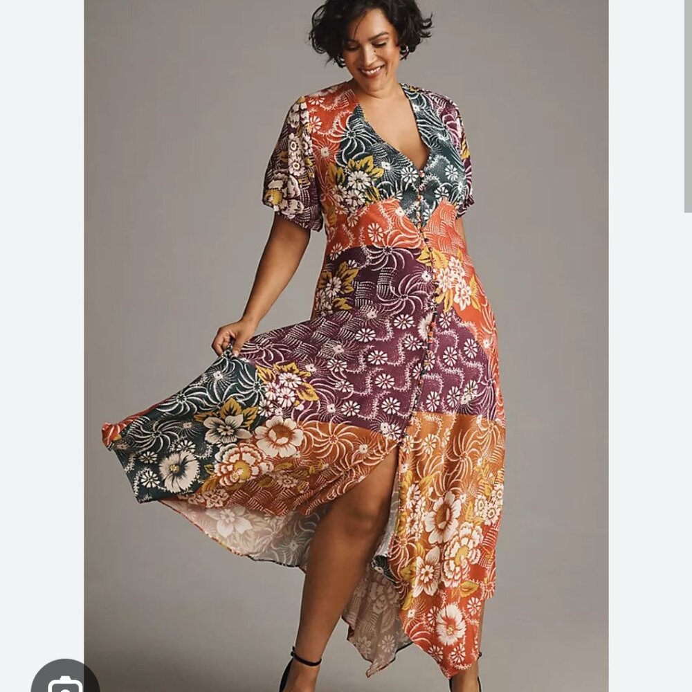By Anthropologie V-Neck Flutter-Sleeve Buttoned Handkerchief Maxi Dress